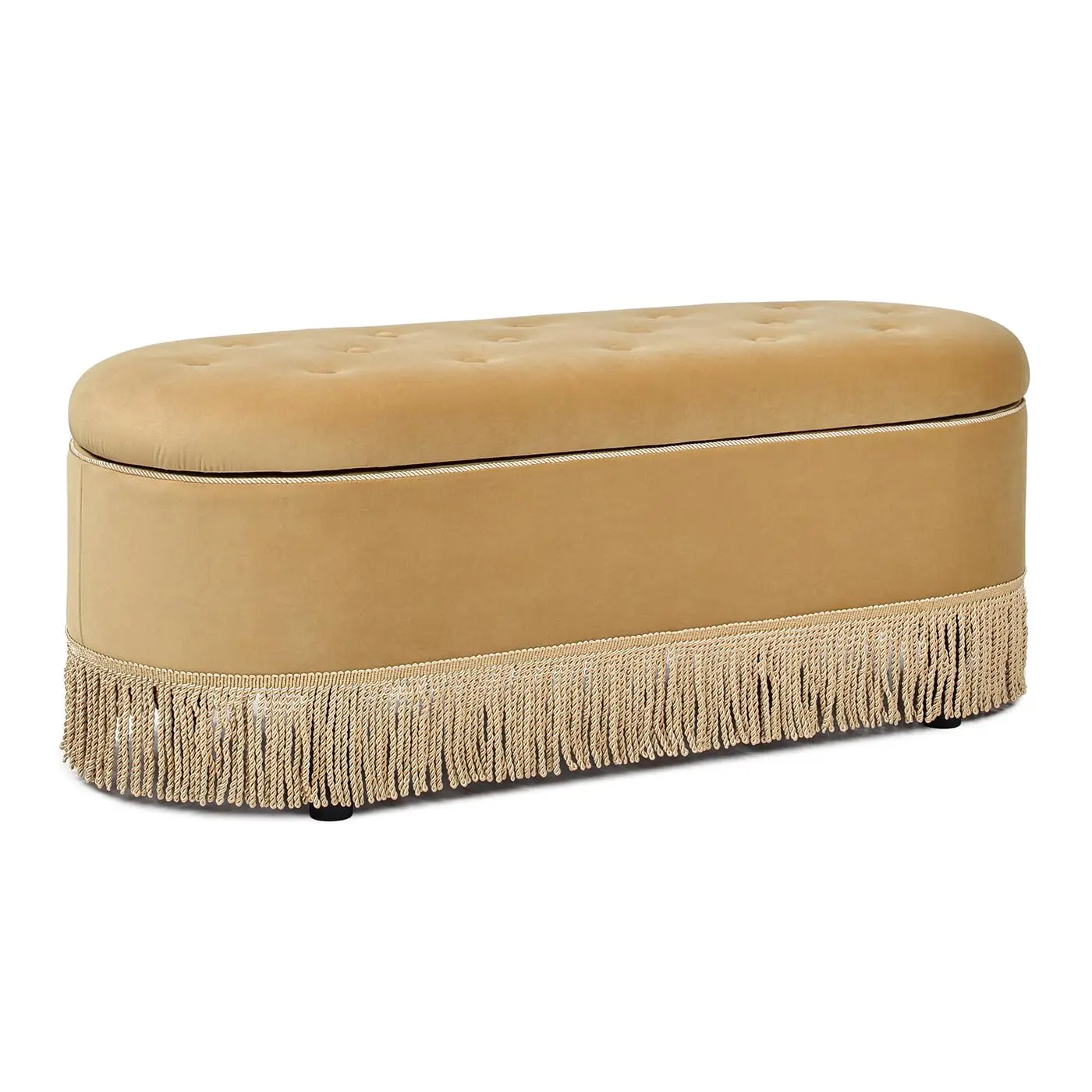 Oval Tufted Fringe Storage Bench, Gold Velvet Upholstered Bedroom Entryway Seat, 48.5
