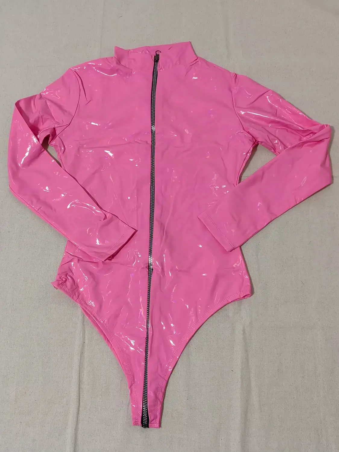 Wet Look PVC Long Sleeve Catsuit Shiny PU Leather Two Way Zipper Crotch Bodysuit Tights Body Teddies Leotard Swimsuit One Piece