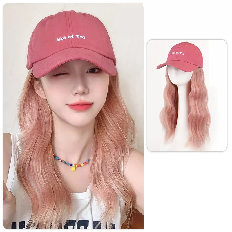 Pink Baseball Cap Seamless Connection Hair Extensions Synthetic 18inch Fluffy Long Wave Wig Hats for Women Adjustable Cap Wigs