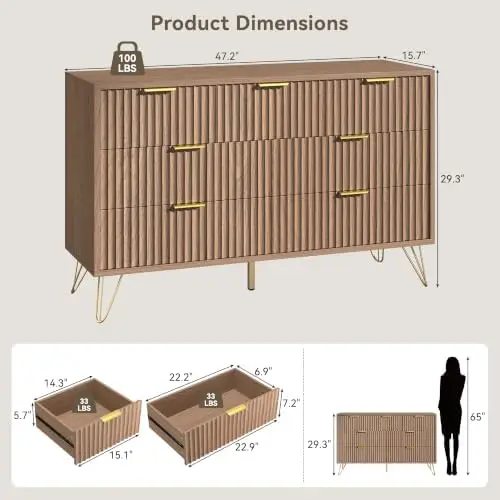 Fluted 7 Drawers Dresser for Bedroom, Wood Dressers with Scratch-Proof Golden Handles, Natural Curved Profile, Modern