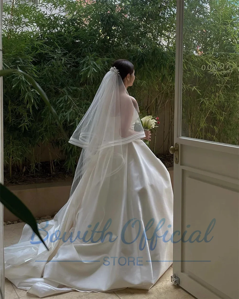 Bowith Koreanische Brautkleider für Fotoshootings, maßgeschneidertes schulterfreies Satin-Brautkleid, bodenlang, langes Korsett für die Braut