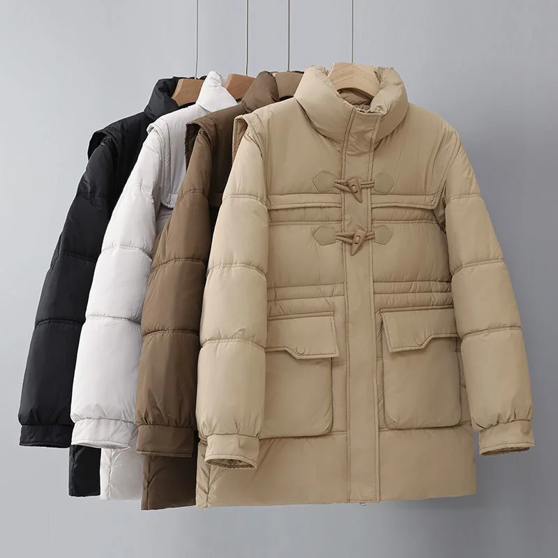 

2025 женская зимняя куртка, парки, модная хлопковая куртка на пуговицах с рогами, корейская свободная утолщенная талия, защитное пальто от холода