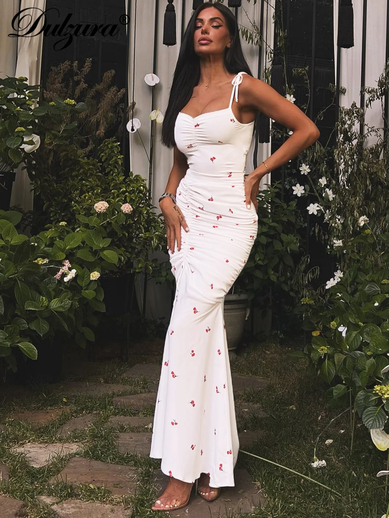 DulzuraแขนกุดBackless Ruched Lace Up Side Slitพิมพ์ดอกไม้Cami Maxiชุดเซ็กซี่Elegant Casualชุดยาวปาร์ตี้Clubwear
