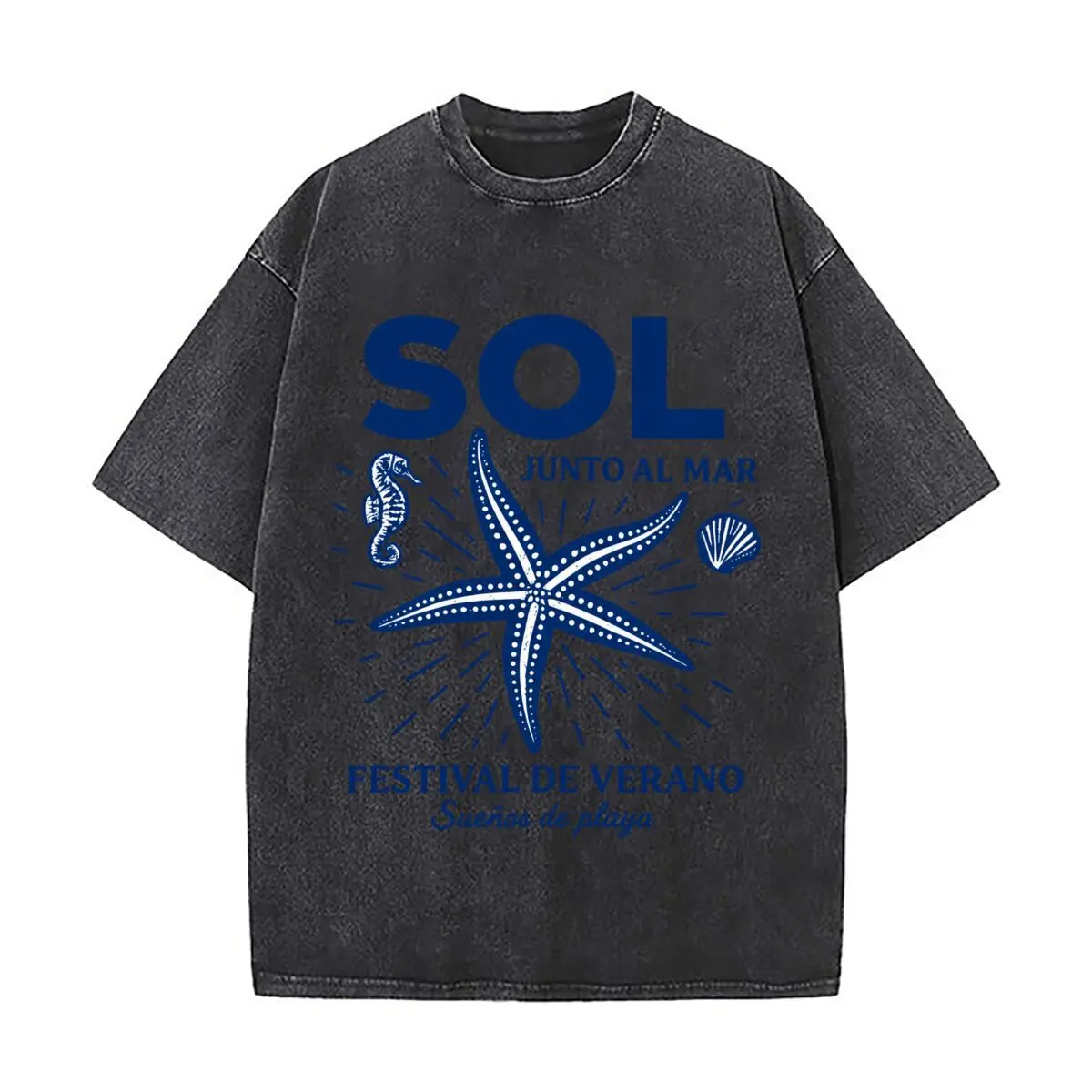 Sol Junto Al Mar Festival De Verano Starfish Seahorse Shell Washed Distressed Loose Streetwear Tops for City Walks