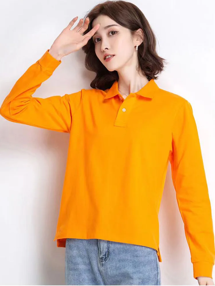 Women Autumn 100% Cotton Casual Long Sleeve Polos  Lapel T-shirt  Breathable Fit Lady Female Large Size Leisure Sport Tees Tops