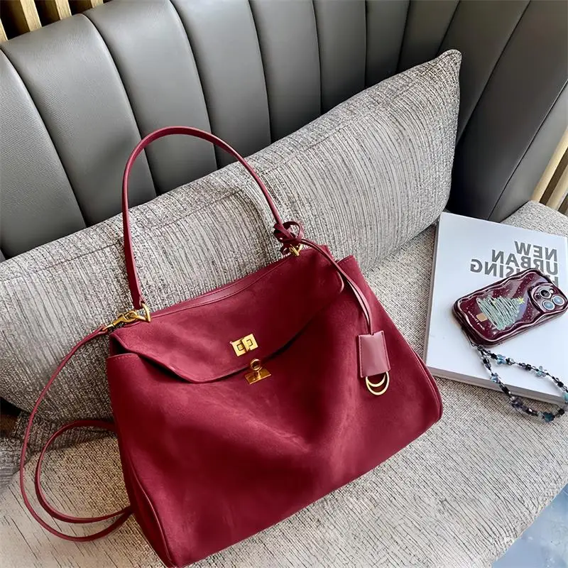 

Korean Suede Tote Bag With Elegant Buckle Design For Women Single Shoulder Bag Solid Color Flip Bag Large Capacity Commuter Bag