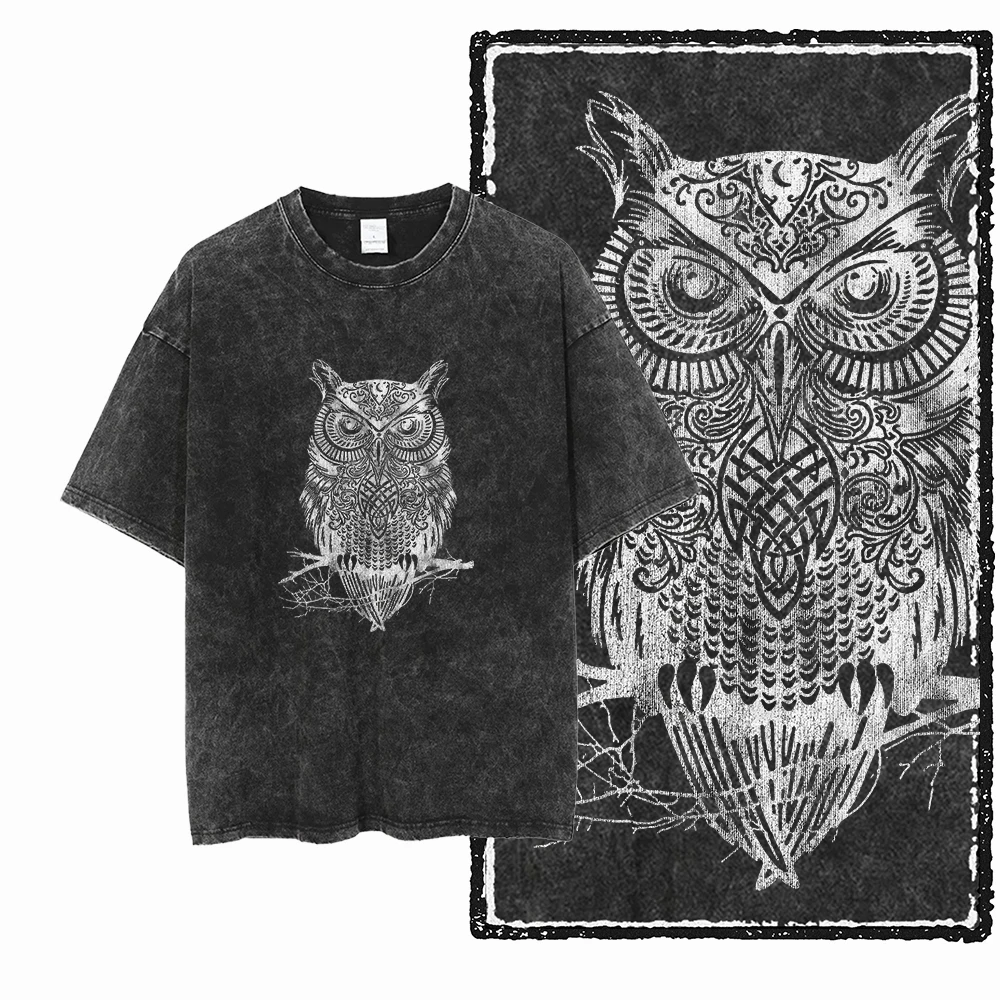 DH OWL Printed 100% Cotton Acid Washed Exclusive Graphic Unisex T Shirt Cool Vintage Streetwear Men Tshirts Big Size Tee for Men