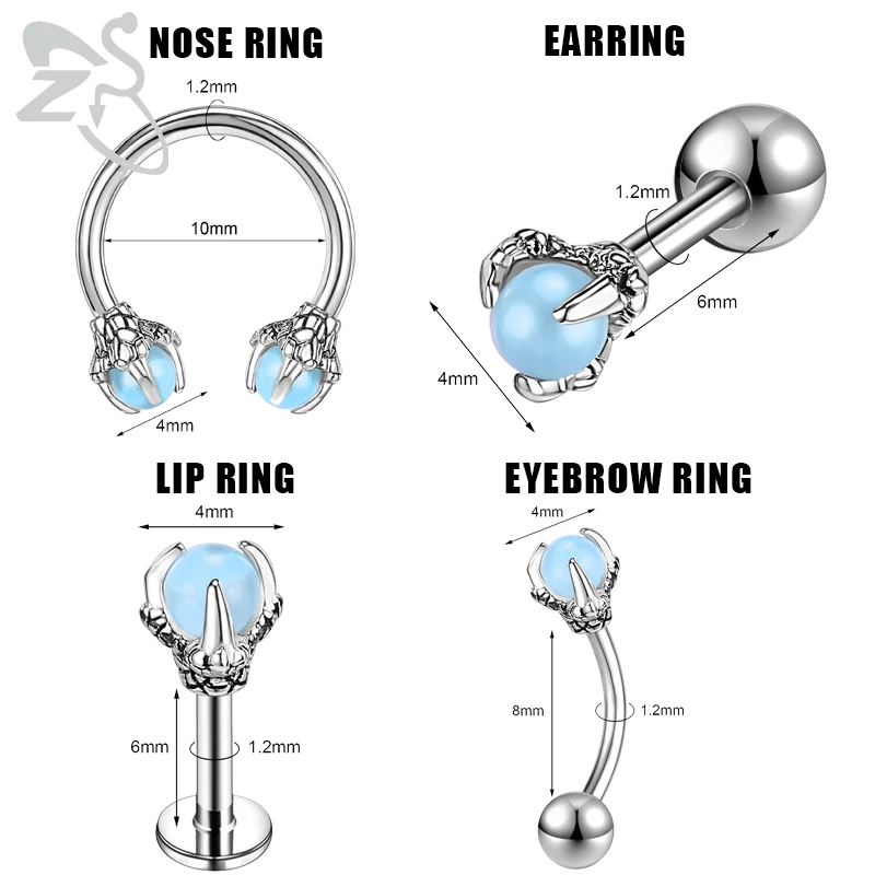 ZS 4 pz/lotto 16G drago artiglio attorcigliato spirale naso anello in acciaio inossidabile orecchino sopracciglio anello labbro orecchio Tragus