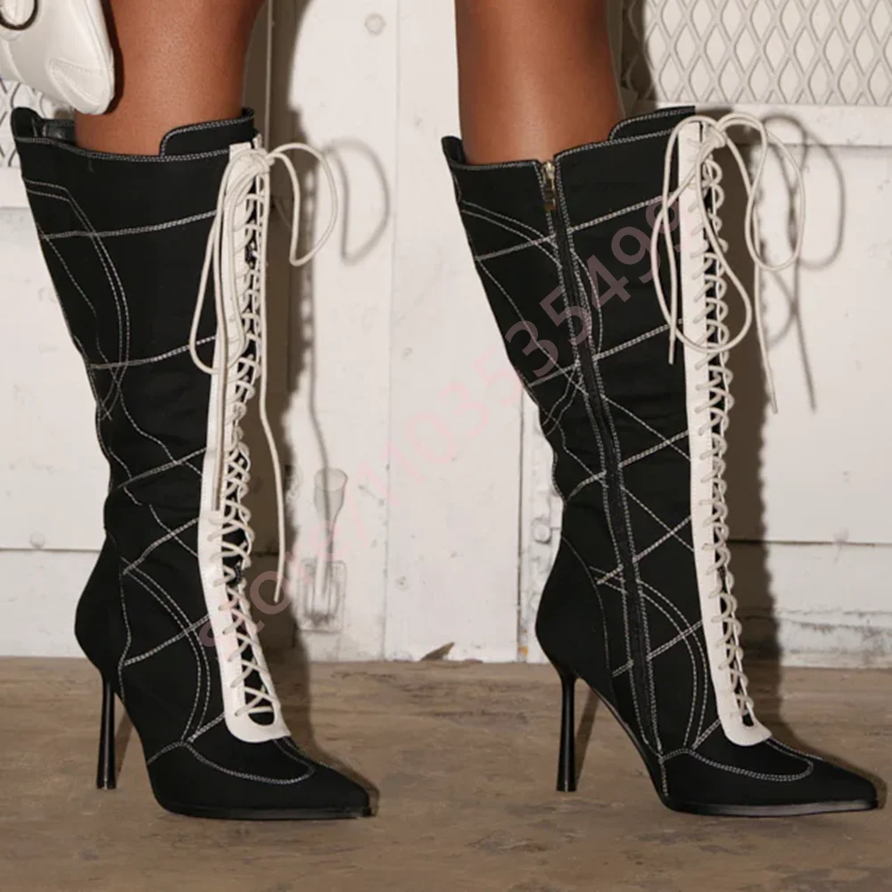 Sexy Women's Cross Strap Stiletto Calf Boots 2025 New Style Pointed Toe Zipper Party Casual Boots Street Fashion Long Boots