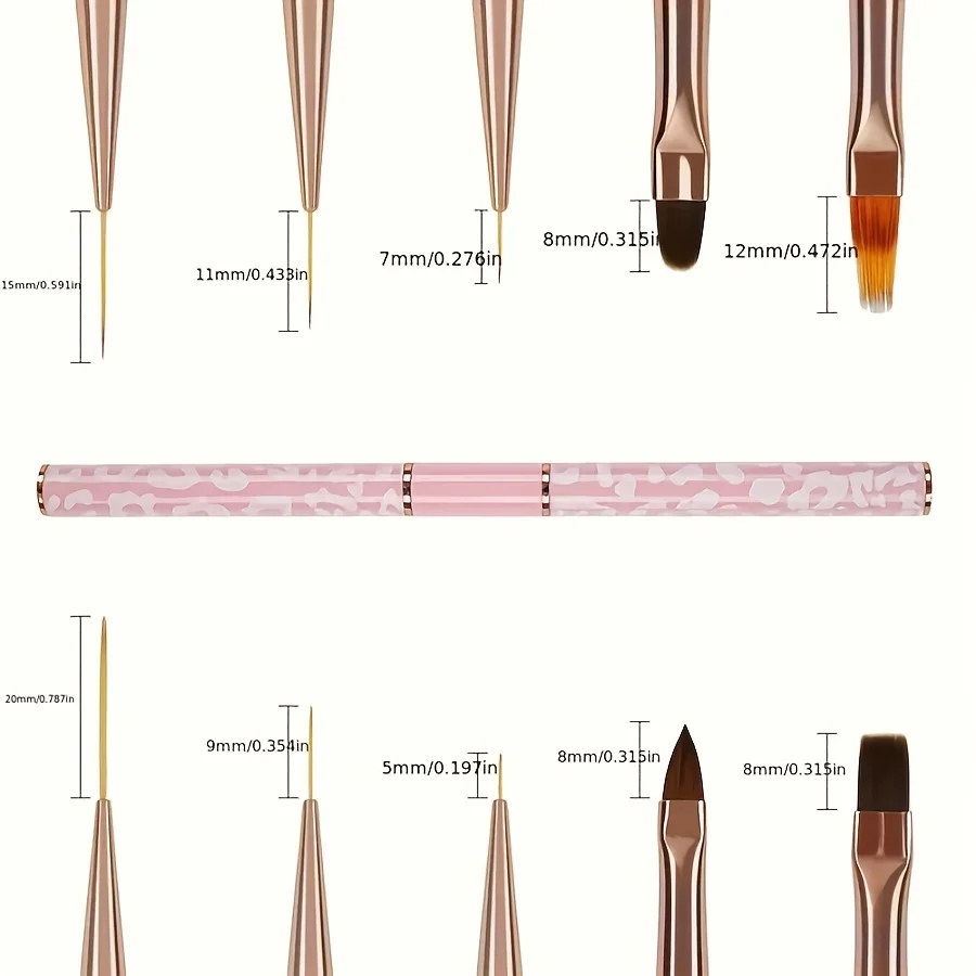 مجموعة فرش فنية احترافية مكونة من 5 قطع مع مقابض معدنية مزدوجة الأطراف - فرش أظافر بطبعة الفهد باللونين الوردي والأبيض مع دائري #6