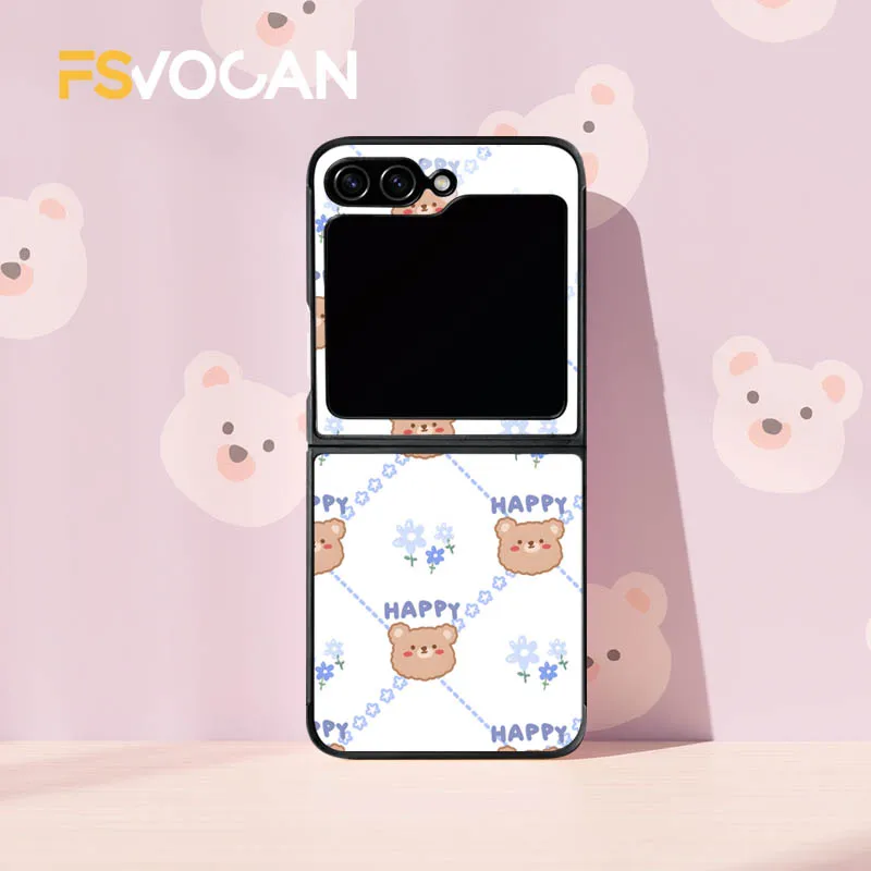 Expressões de urso na grade xadrez e ursos felizes com flores azuis para Samsung Galaxy Z Flip3 8 5G Flip 3 5 6 4 7 capas de telefone