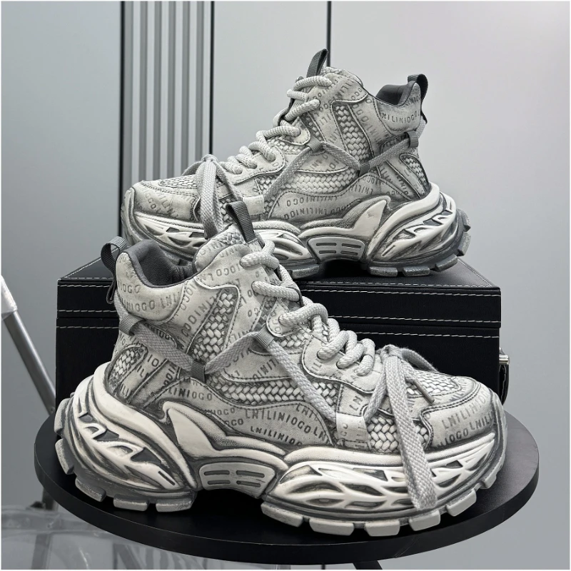 Thick Sole Shoes Men Ankle Boots Fashion Round Toe Lace Up Height-increasing Boots for Men Street Style High Top Casual Sneakers