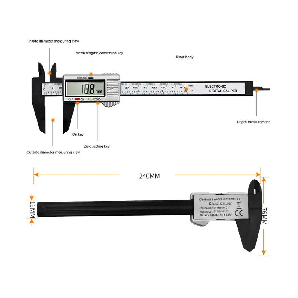 Calibri elettronici da 0-150 mm Calibro digitale multiuso Righello di misurazione Precisione 0,1 mm Unità mm/pollici per falegnami Meccanici