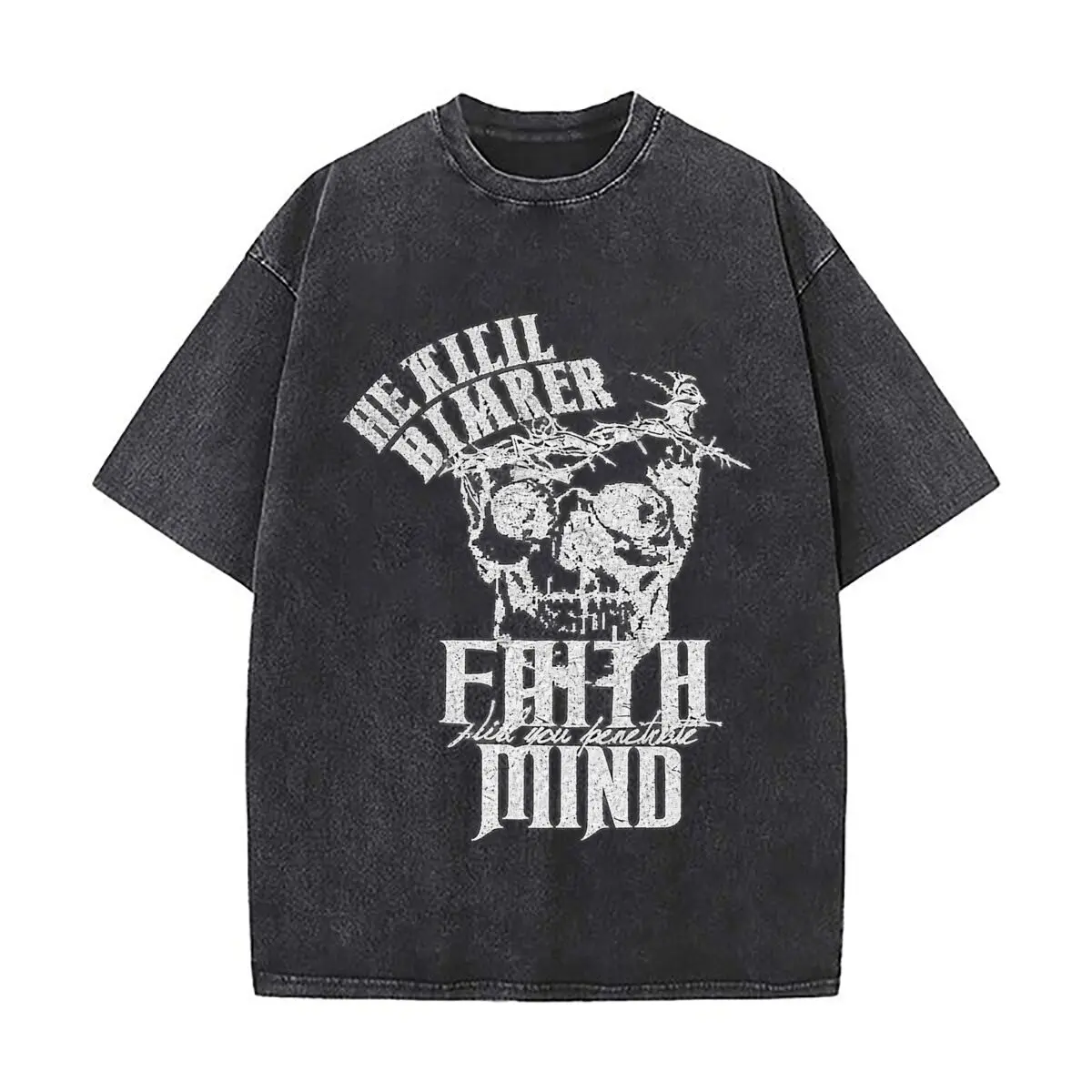 He Will Deliver Faith Mind Skull Crown Of Thorns Washed Short Sleeve Loose Streetwear Tee Hip Hop