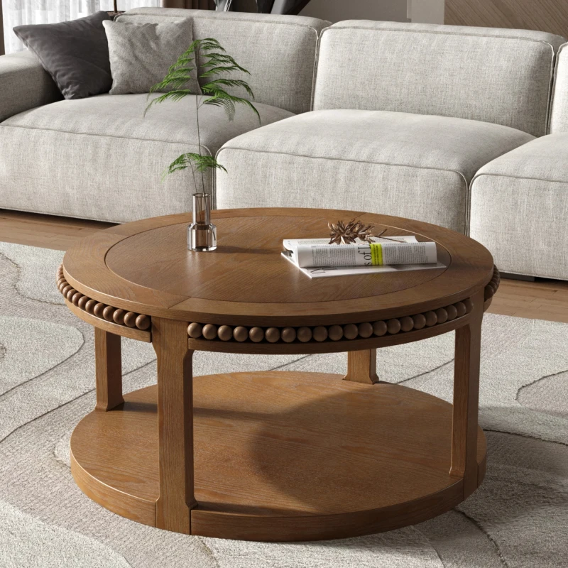 

31.5 Inch Round Solid Wood Coffee Table & Sofa Table - Two-Tier Thickened Top, Sturdy Legs, Circle Table for Living Room (Walnut