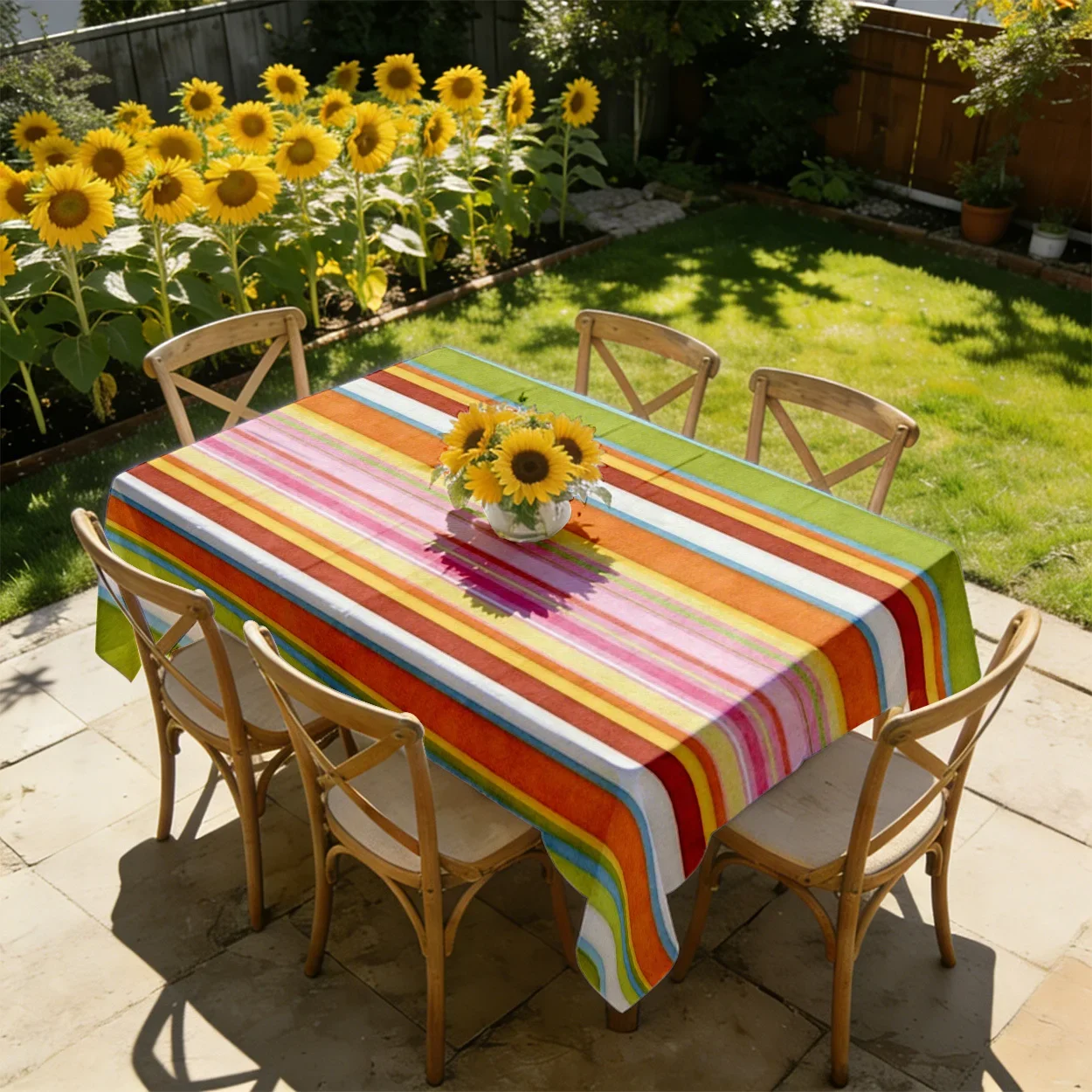 Tablecloth 2D Flat Printing - 1 piece. Striped style. Pink, green and orange color scheme. yzb