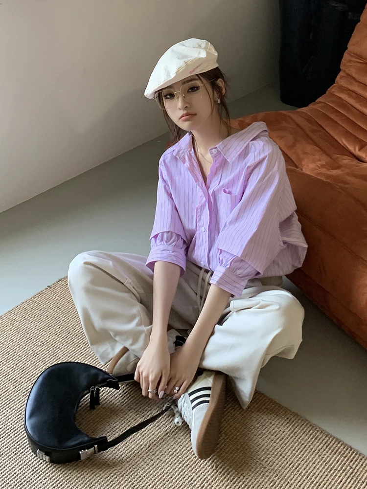 2024 Summer Spring Casual Shirt Preppy Style Striped Pleated Single Breasted Short Sleeves Lapel Loose Basics Blouses For Women