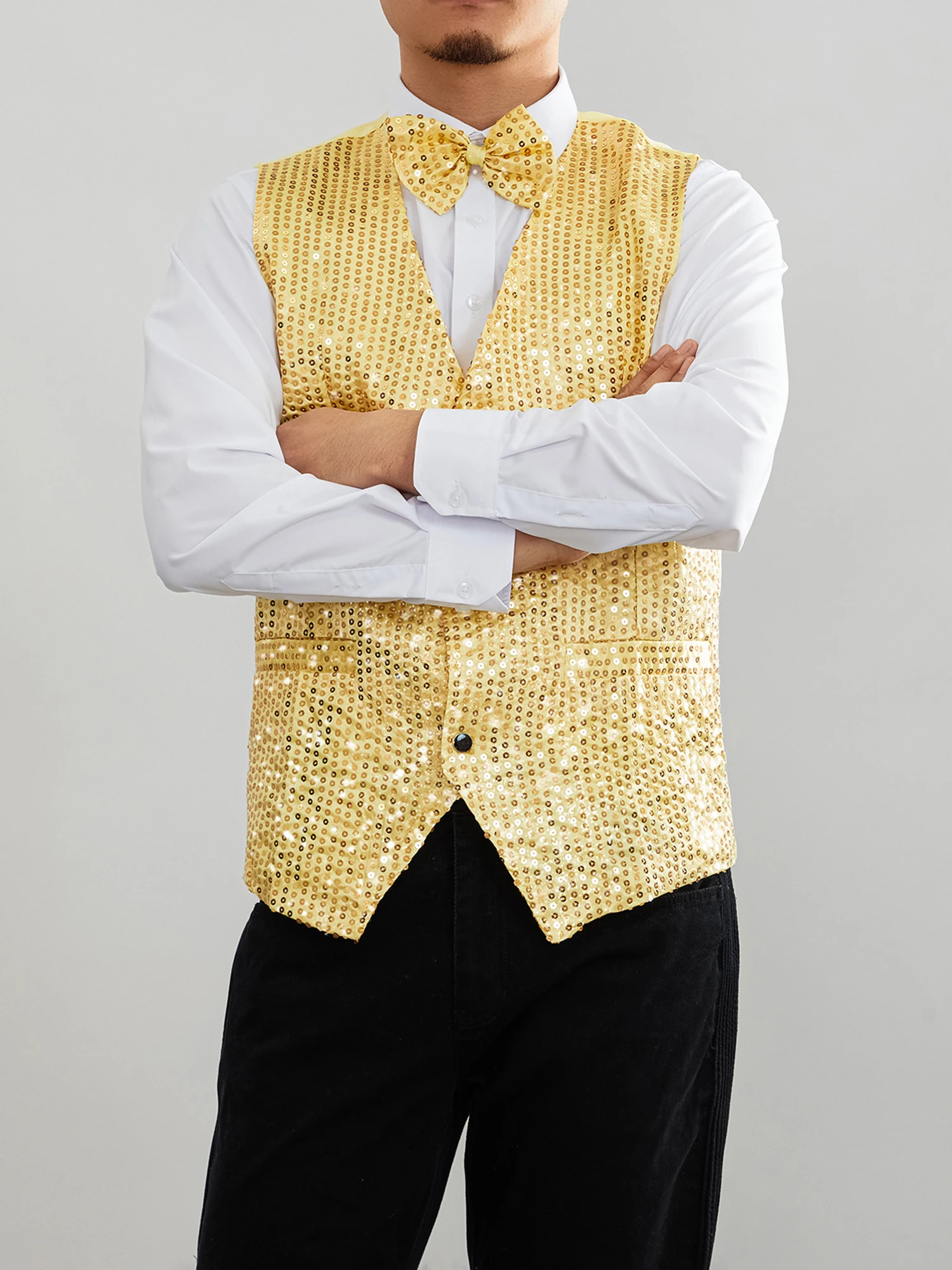 Men Stylish Suit Blazer Deep V-neck Solid Color Sequins  Vest Button Waistcoat for Business Wedding