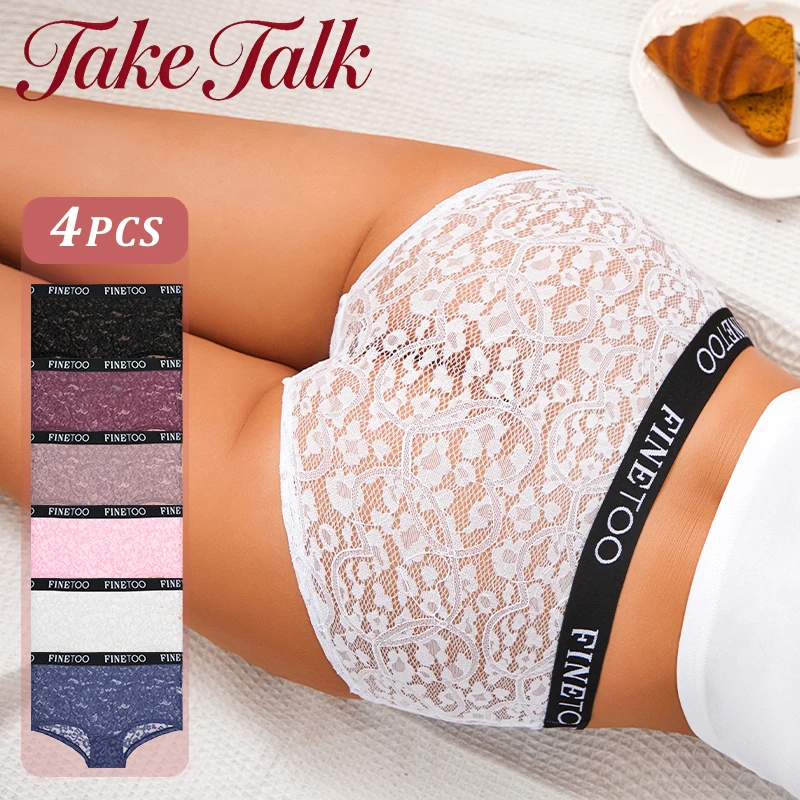 4er-Set Sexy Spitzen-Damenslips mit Hoher Taille, Atmungsaktive Unterwäsche mit Schriftzug-Bund, Bikini-Slips mit Durchbruchmuster, Verführerische Unterwäsche