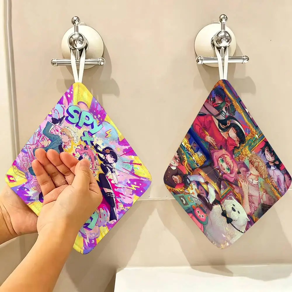 Japan Anime SPY FAMILY Polyester Cotton Hanging Kitchen Towel, Absorbent Hand Wiping Cloth for Daily Cleaning Drying