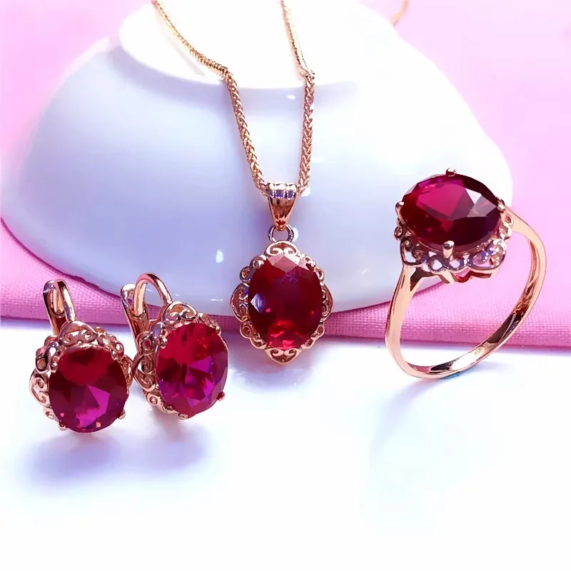 

Luxury Ruby jewelry sets Classic 585 Purple Gold Charm fine Engagement ring earrings for women Necklace Plated 14K Rose Gold