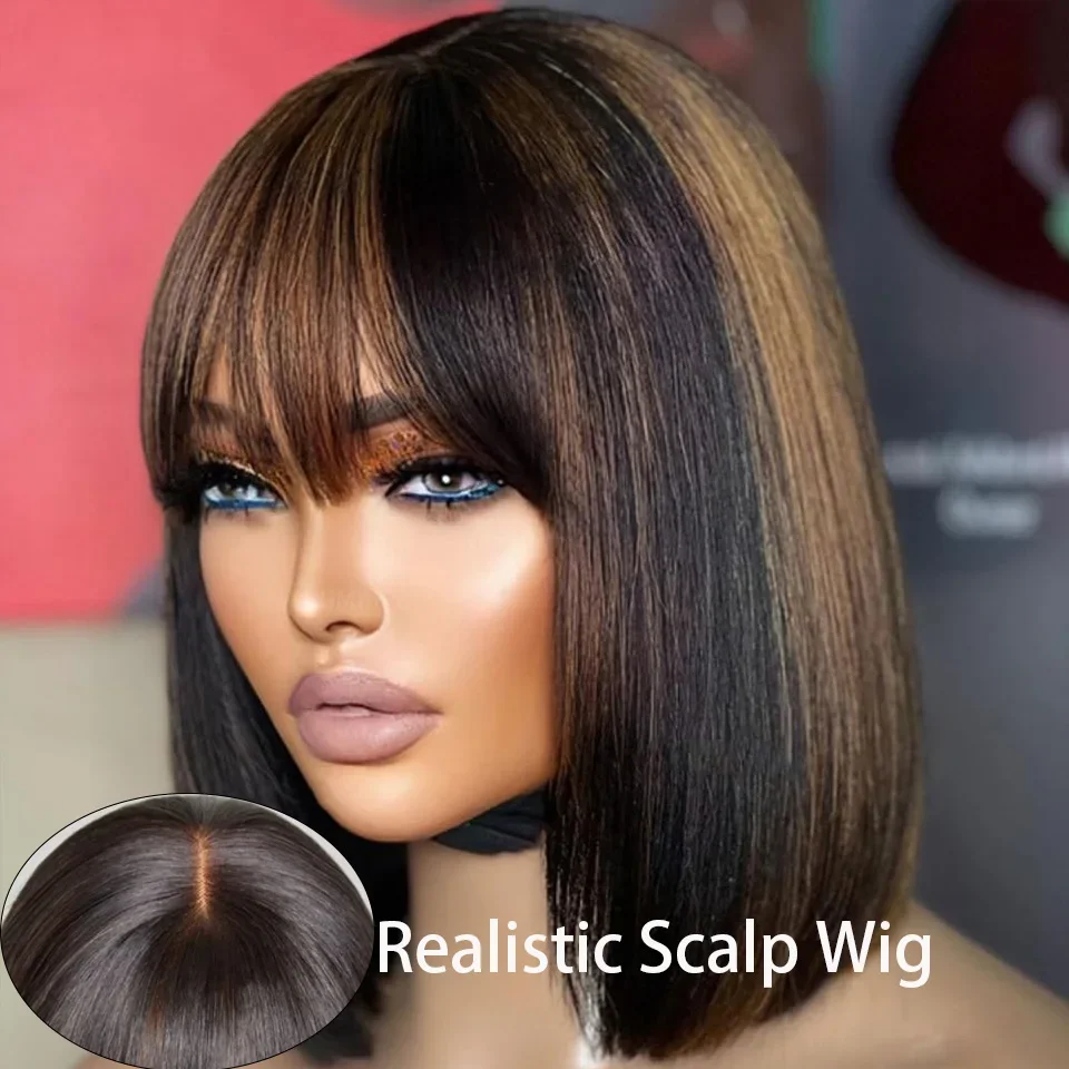 Highlight Blonde Short BOB 3x1 Lace Glueless Human Hair Wig Ready To Go Brazilian P1B/30 Straight Bob Bone With Bangs For Women