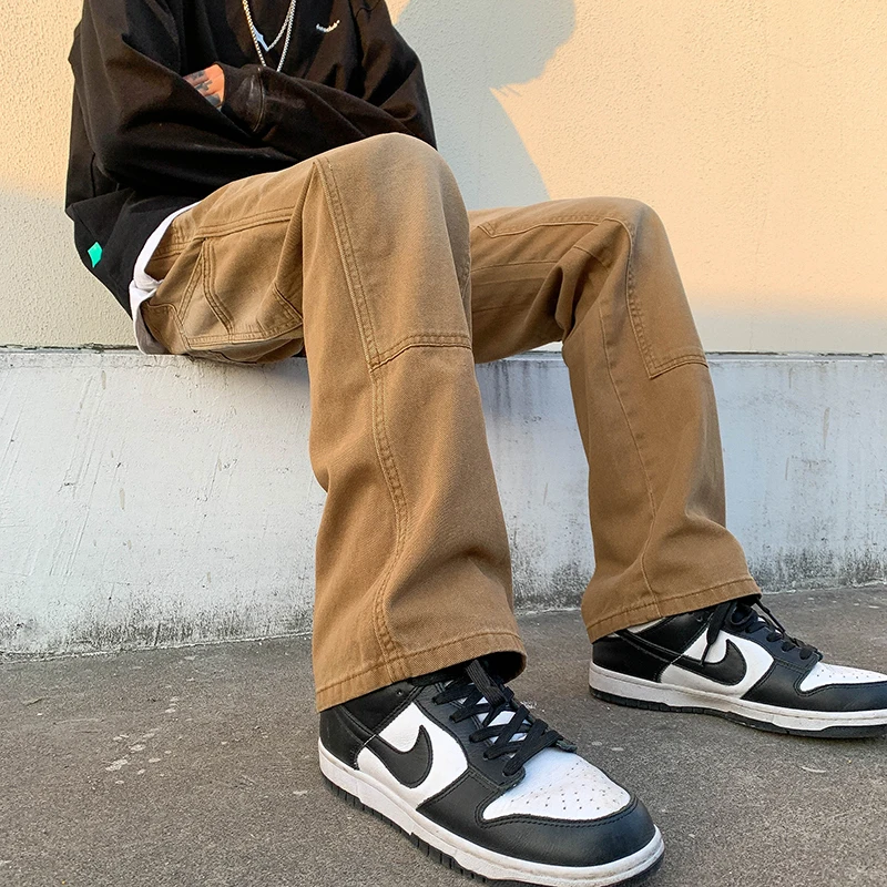 

American Vibe Loose Straight Leg Jeans Men's Khaki Waed out Faion High Street Workwear Pants Youth Sle Winter Wear