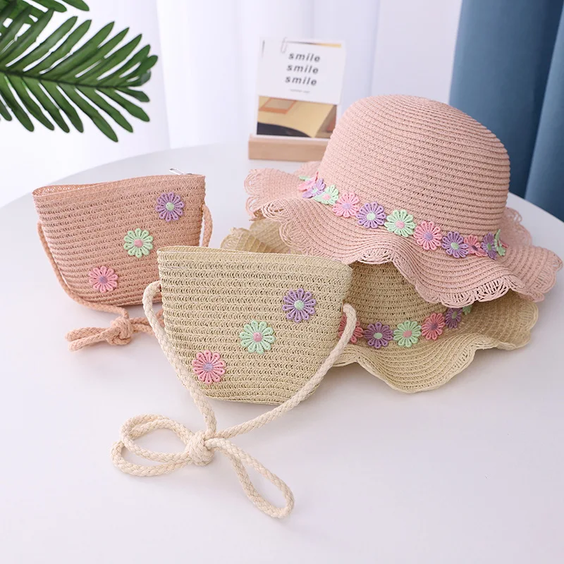 Girls Chamomile Floral Straw Hat Handbag Sets Child Baby Straw Hat Kids Outdoor Beach Sun Hat Bags Set Travel Holiday Sun Cap