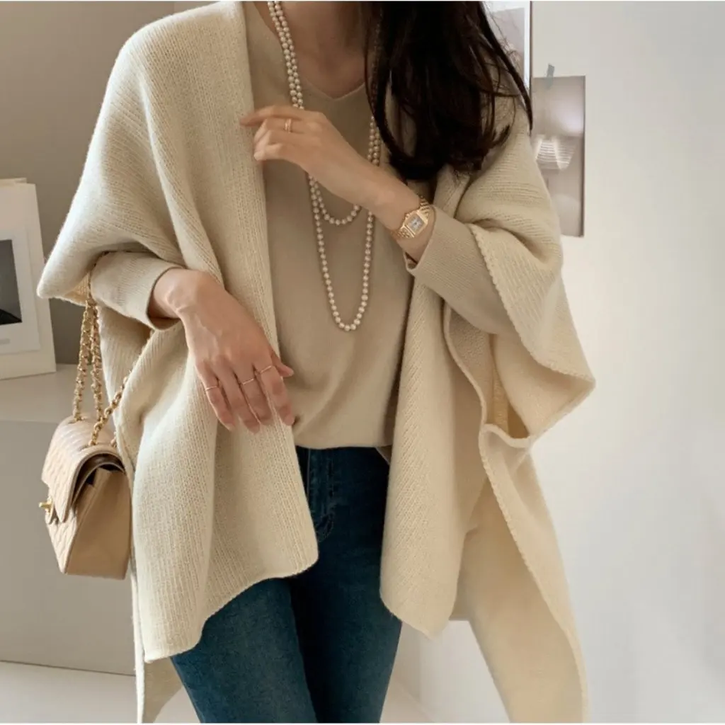 

Women's Casual Travel Sweater Cardigan Cape East Gate Lazy Style Knitted Shawl Coat Elegant Gentle Fashion from South Korea