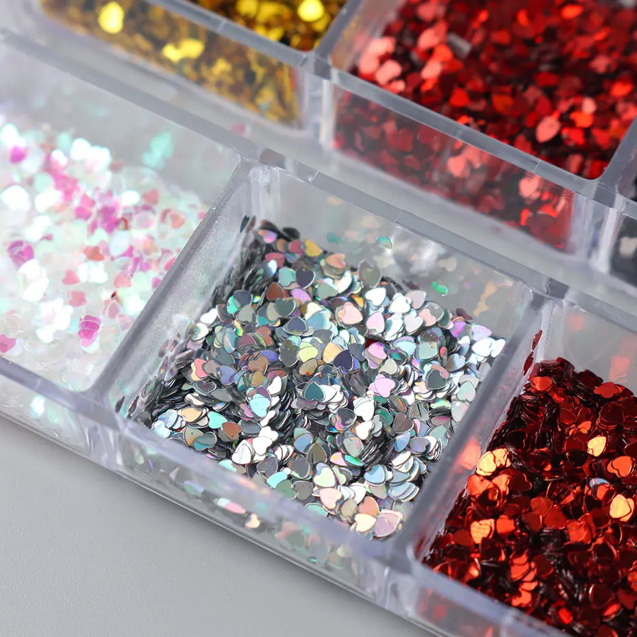 6 กริด Y2K น่ารักหัวใจ Glitter เล็บ Kawaii Mini Golden เลเซอร์ Silvery Love เล็บ Flake เกาหลี Star DIY เล็บ Charm อุปกรณ์