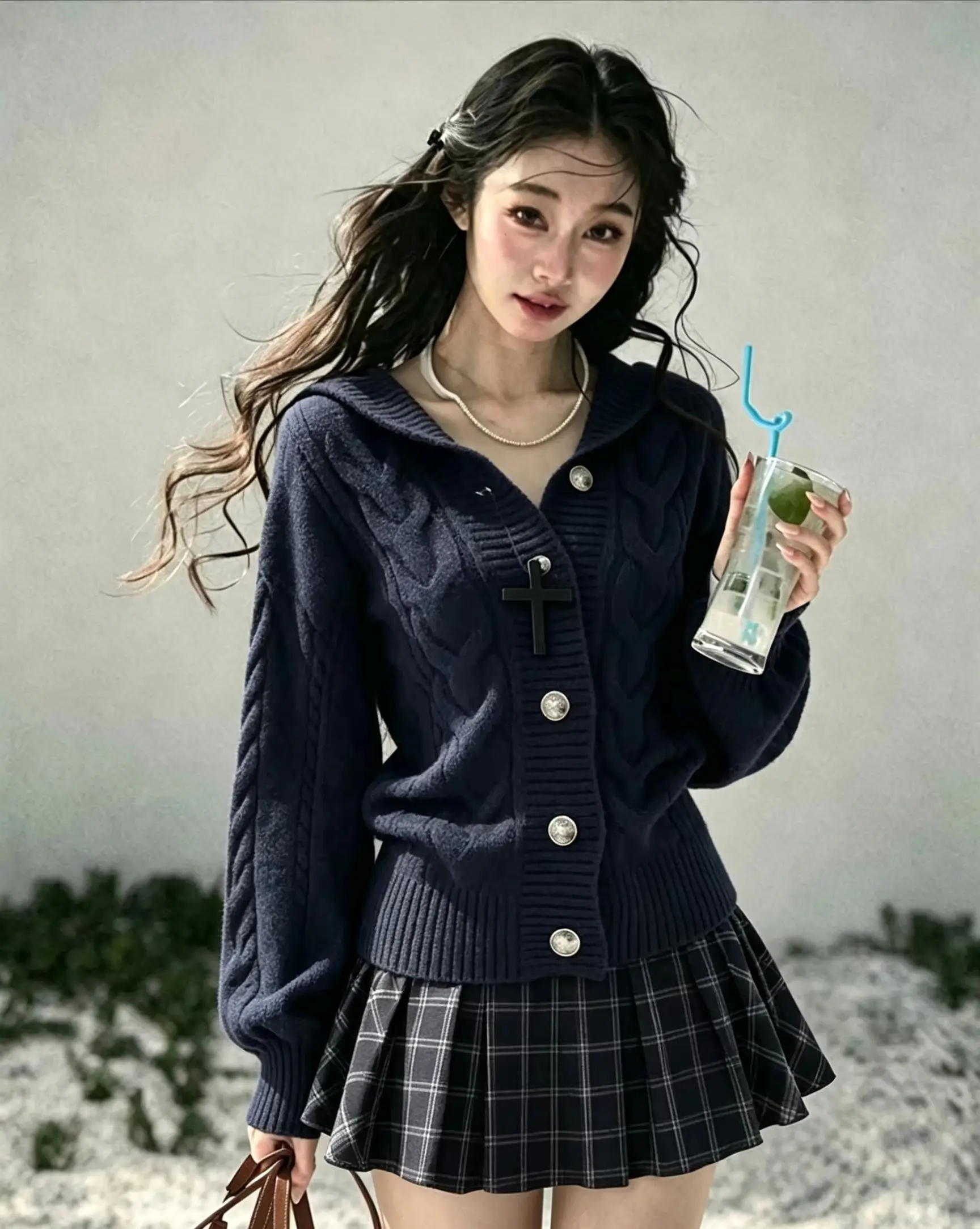 Harajuku Japanischer Stil Mädchen 2-Teiliges Outfit Einfarbiger Strickpullover Slim Fit Karierter Y2K Minirock Kawaii Damen Streetwear Anzug-Set