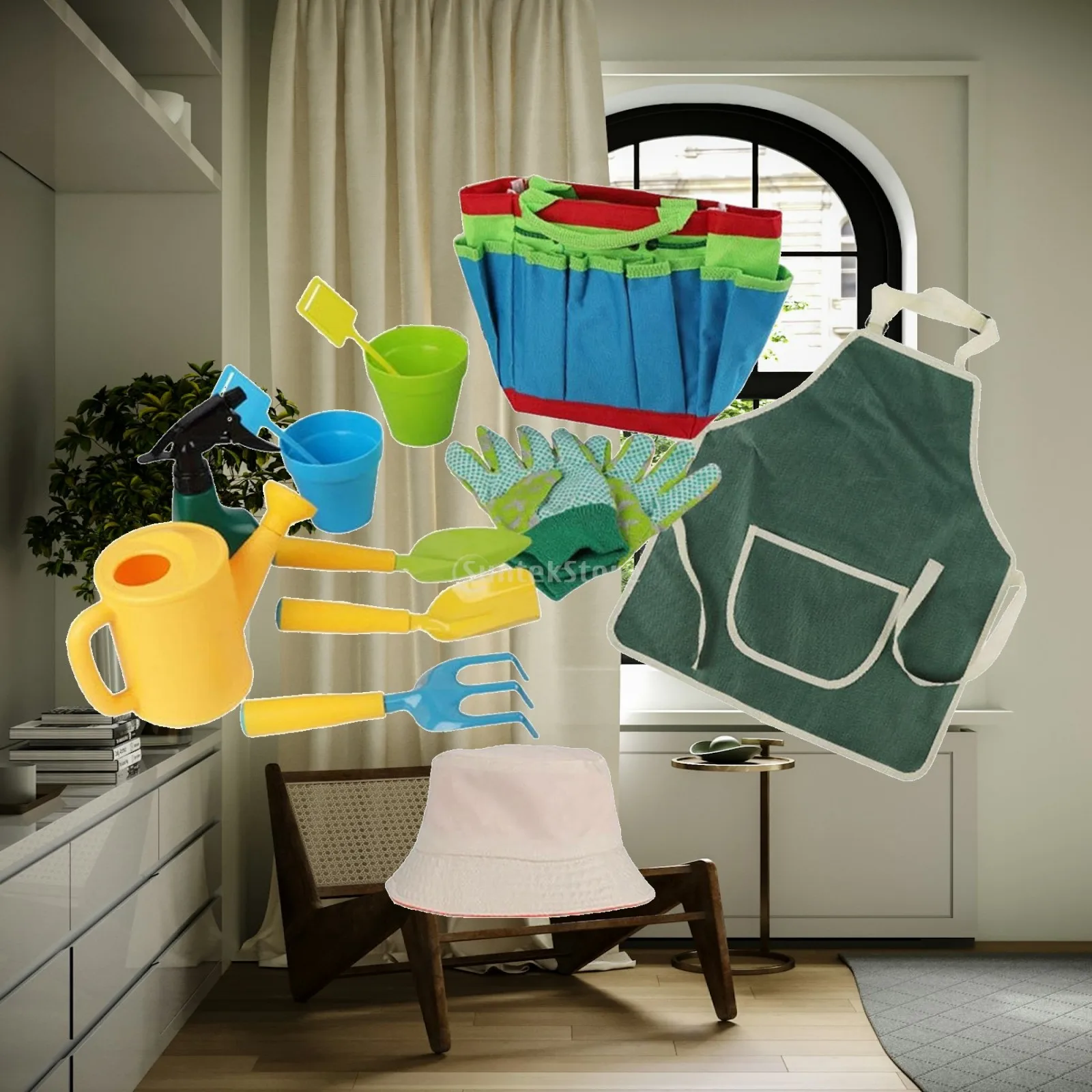 Garden Tools for Kids Shovel Spade Fork Water Can and Bag Outdoor Gardening Accessories for Play