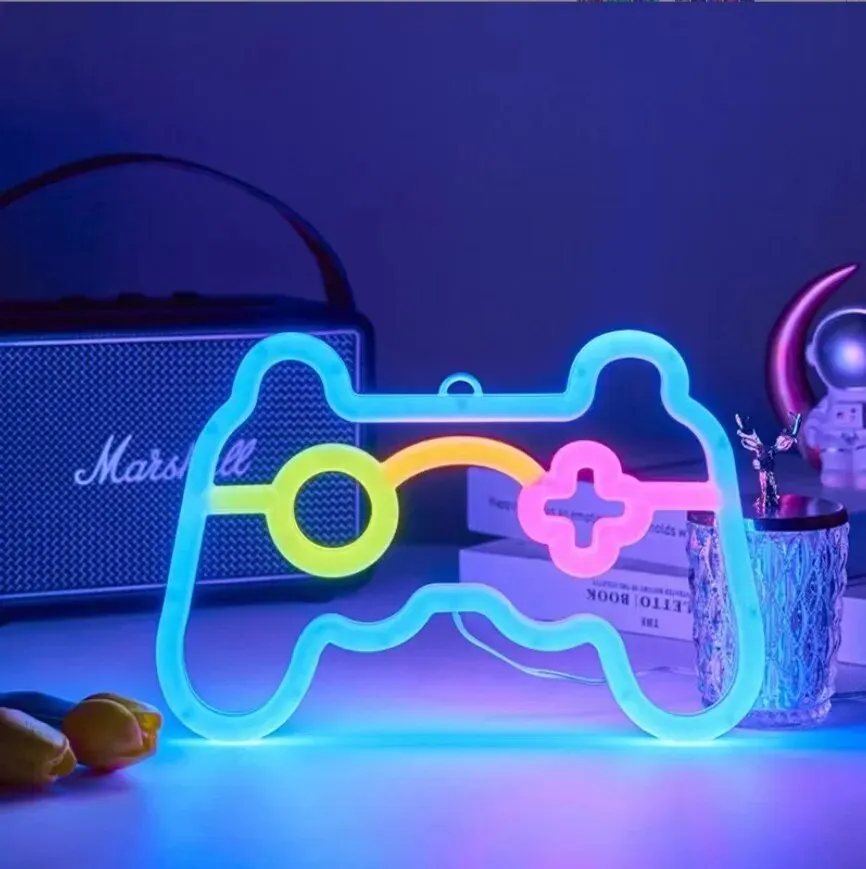 USB 게임 콘솔 핸들 모양 침실 어린이 방 게임룸 장식 LED 네온 조명