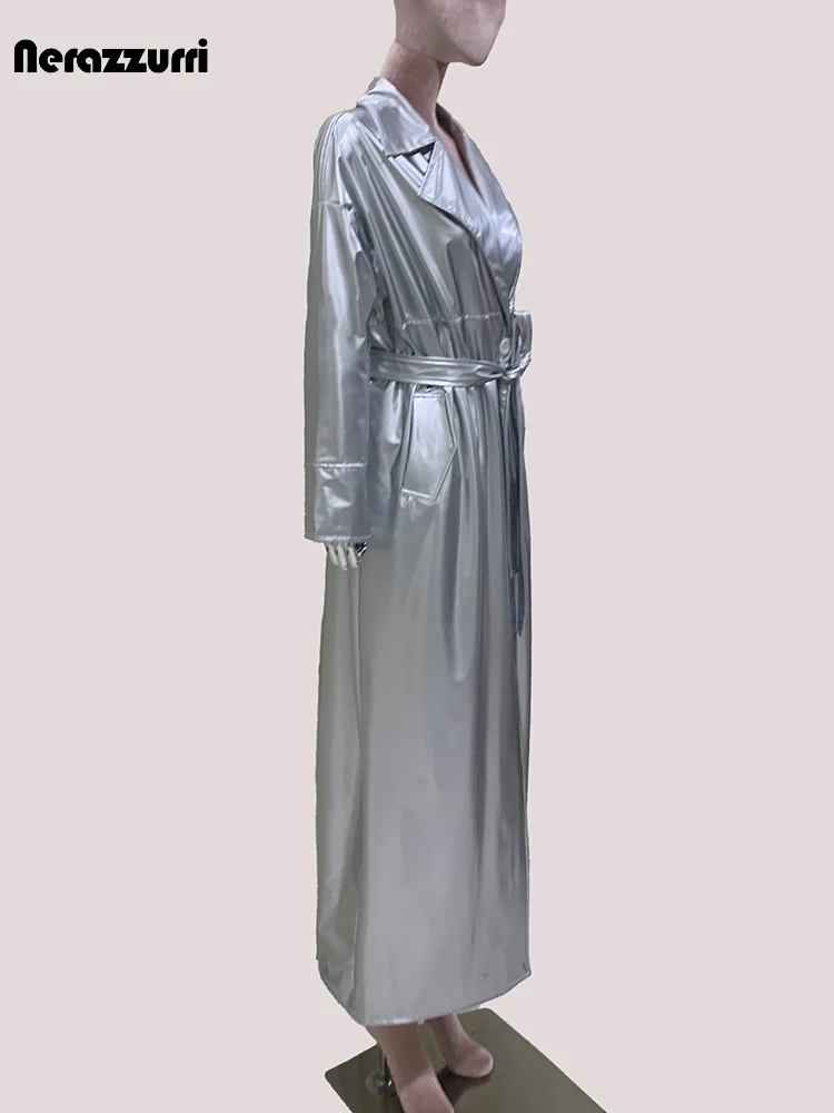 

Nerazzurri Autumn Extra Long Soft Lightweight Silver Faux Leather Trench Coat for Women Sashes Luxury Designer Clothes Overcoat