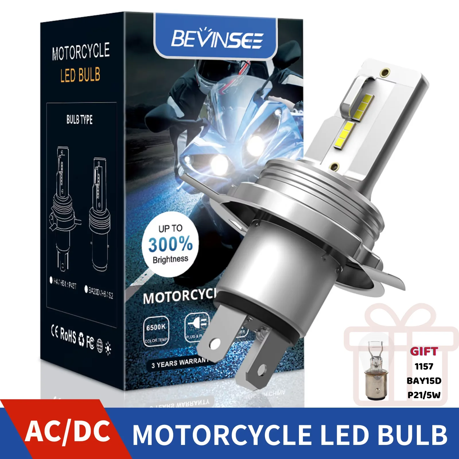 BEVINSEE H4 BA20D LED Headlight For Motorcycle Fanless Non-Polarity H4 9003 LED High and Low Beam Motorcycle Lights AC/DC 12-24V