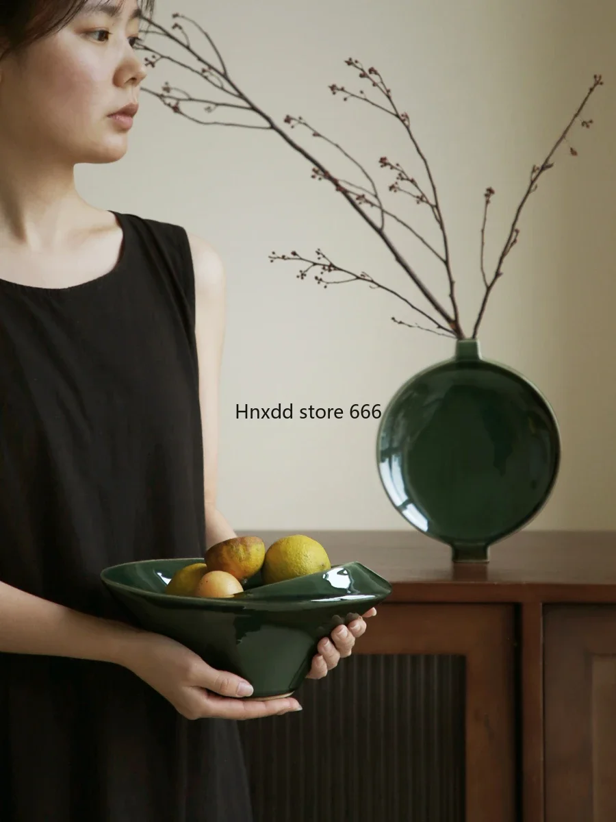 Medieval emerald handmade ceramic fruit plate entrance vase ornament