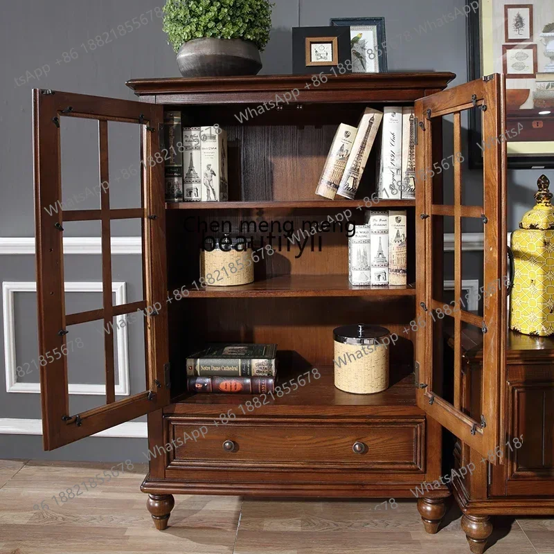 미국 컨트리 스타일 원목 다이닝 사이드 로커 캐비닛, 거실용 와인 쿨러가 있는 이중문 다이닝룸 가구