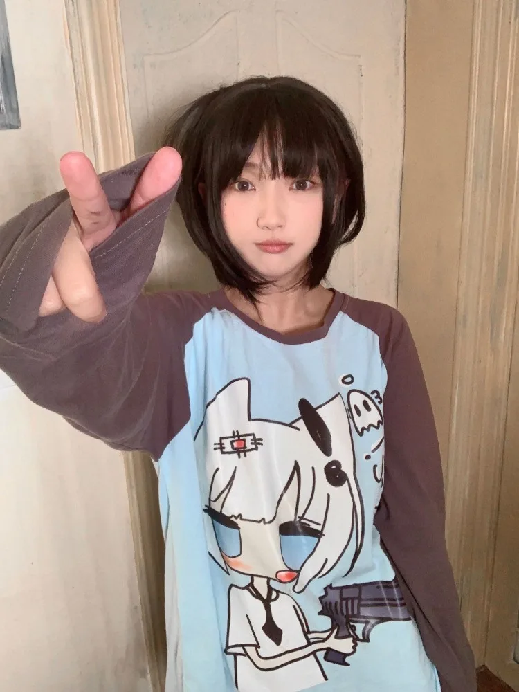 Autumn Kawaii Cute Cartoon Print Tshirt Japanese Patchwork Women Long Sleeve Tops Y2k Aesthetic Sweet Contrast Color Sweatshirts