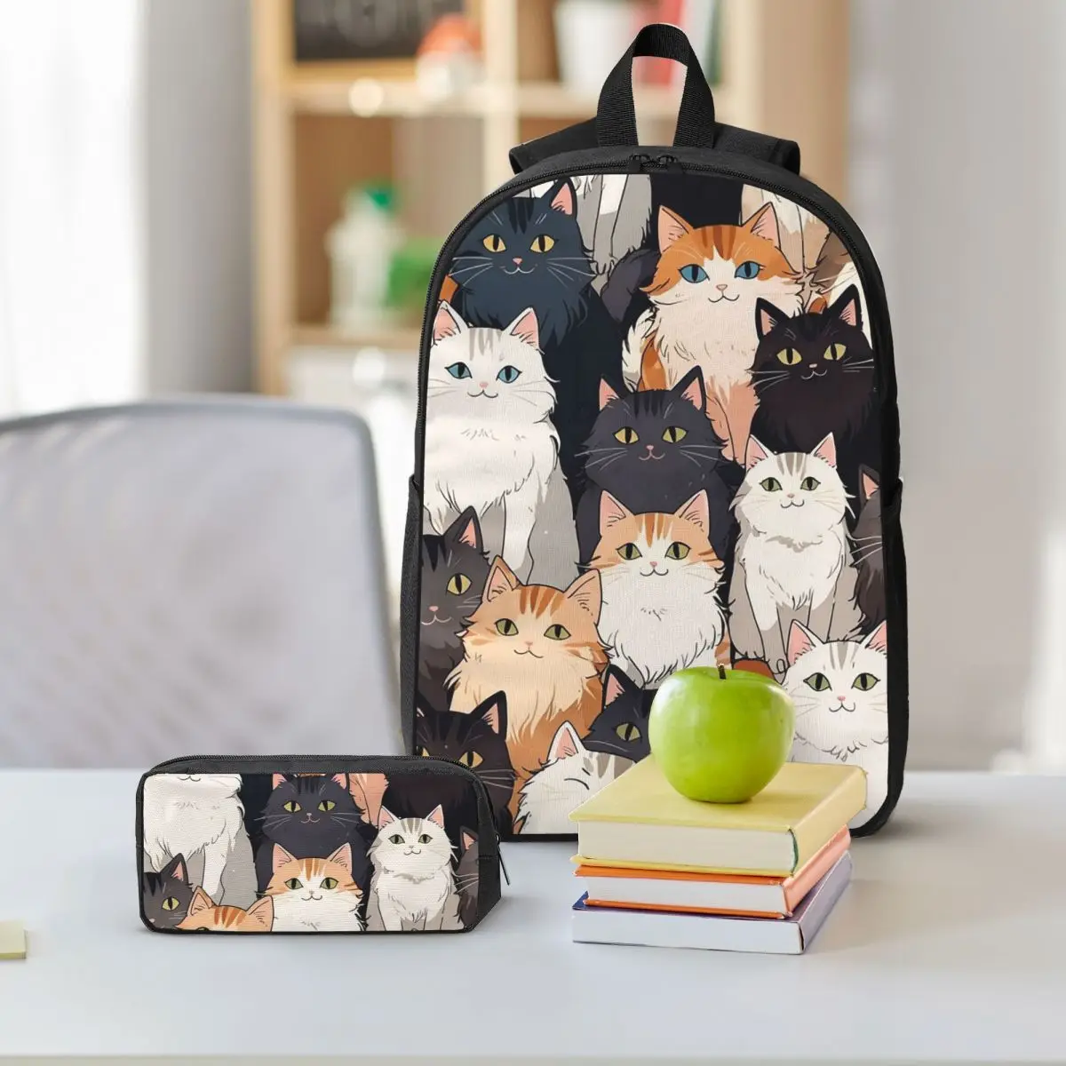 Cute Kitten Cat Cartoon Pattern Backpack Boys Girls BookBag School Bag Shoulder Bags 3ps Insulated Lunch Bag Pencil Case