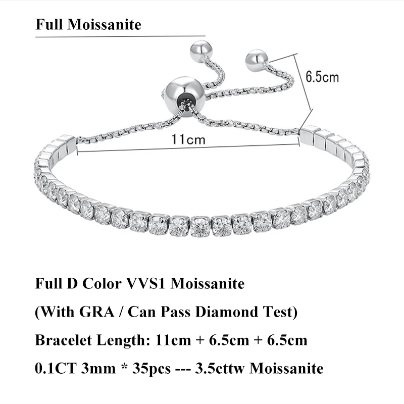 EWYA 100% Real 3mm 0.1CT Full Moissanite Diamond Tennis Bracelet For Women 925 Silver Plated 18K Adjustable Link Chain Bracelets