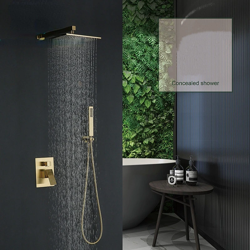 

Brushed Gold Solid Brass Bathroom Shower Set Rianfall Head Faucet System Wall Mounted Arm Mixer Water Sets