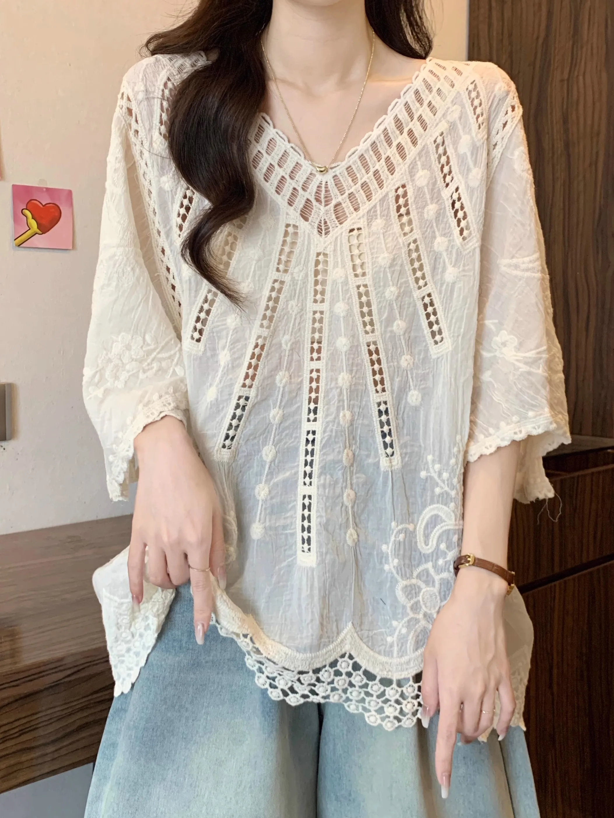 

Большие размеры n Sle Hollow out ort Sve Женская irt Loose V Ne Летняя защита от солнца Топ Корейская моя