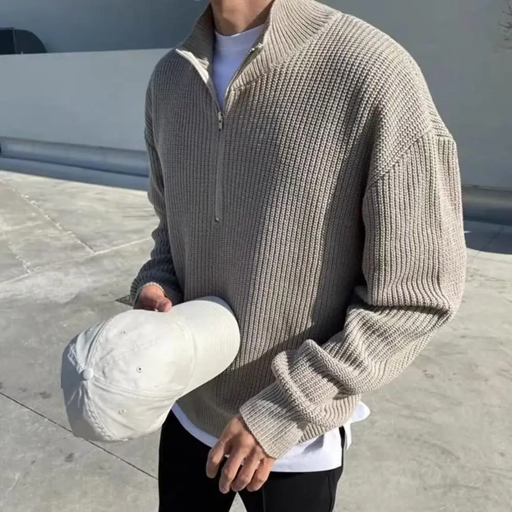 Loose Fit Sweater Elastic Knitted Half Zipper Sweater for Men Stand Collar Pullover with Long Sleeves Outdoor Wear for Fall