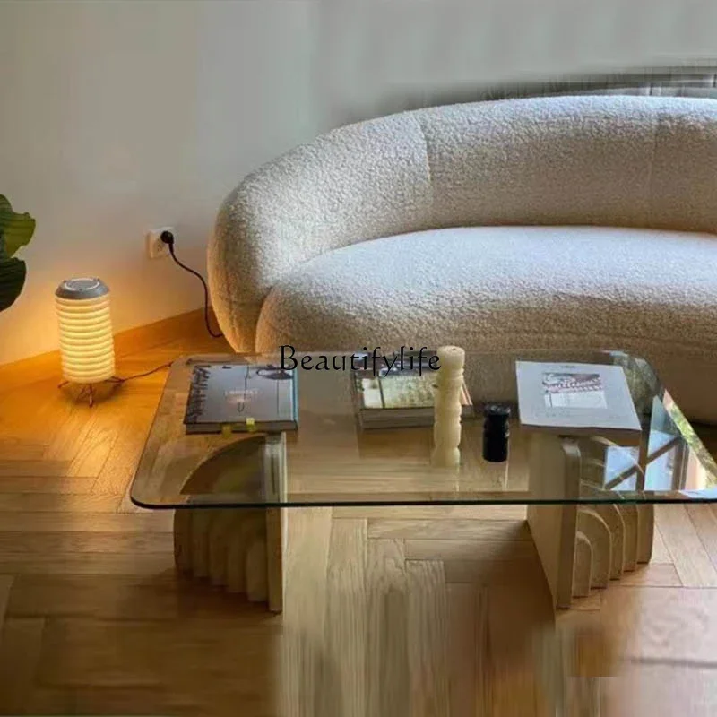 35**Travertine coffee table B & B model room Hotel living room Creative tempered glass countertop