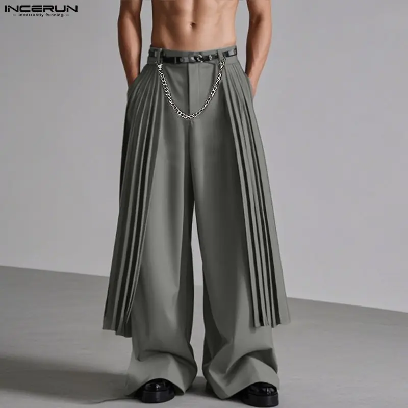 

INCERUN Men Wide Leg Pants Solid Color Button Joggers Pleated Male Trousers Streetwear Loose Fashion Casual Long Pants Men S-5XL