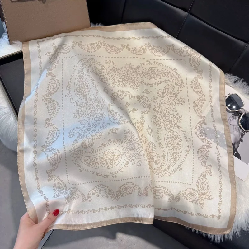 Vintage Beige Paisley Print Square Scarf Satin Silk Bandana for Women Summer Daily Commute Sun Protection Neck Hair Accessory - view 6
