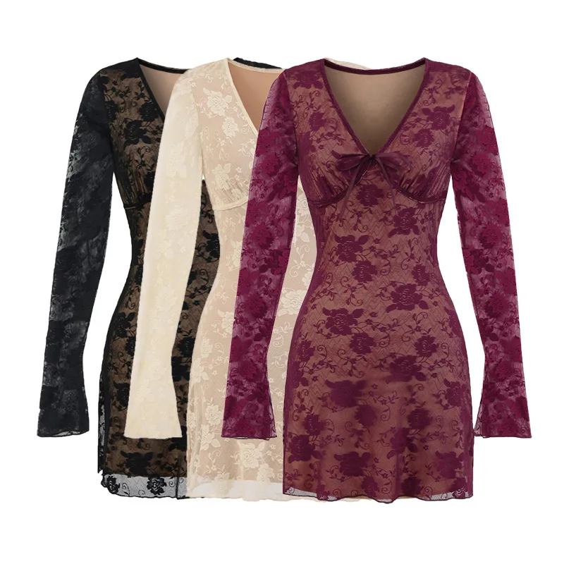 Herbst Neue frauen Amerikanischen Mode Stil Würzig Tiefem V-ausschnitt Spitze A-linie Lange Ärmeln Kleid Sexy Mesh Jacquard, Figurbetontes Kleid FJT8