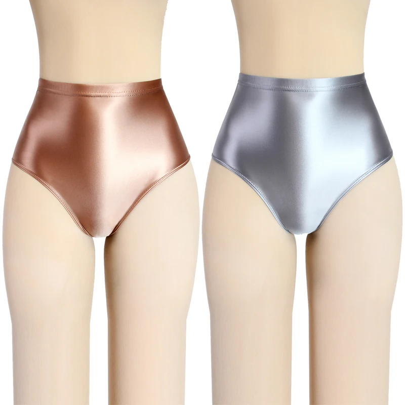 

Sexy MEN underwear gloss Briefs Bottoms with Buttocks Silky high-waisted smooth Tights pants Oily swimming trunks plus size