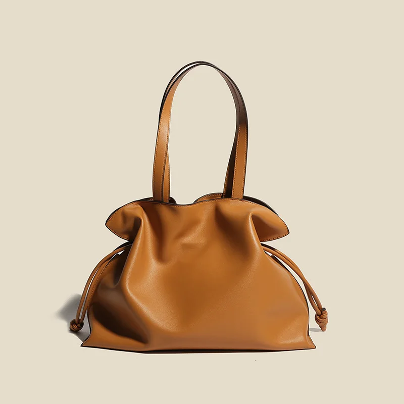 

Luxury Leather Lucky Bag,Women's Cowhide Elegant Underarm Shoulder Bag,Large Capacity Pleated Design Bucket Style Tote Handbag