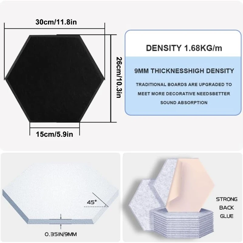 Pack 12 panneaux muraux hexagonaux insonorisants, carreaux acoustiques, Texture en Fiber Polyester, panneaux insonorisants